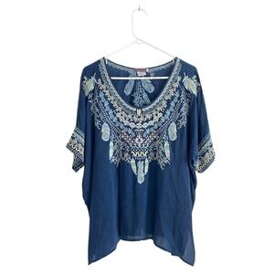 Johnny Was Embroidered Feather Boho Tunic Poncho Top